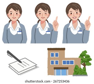 Portraits of geriatric care manager in different gesture with retirement house and application form document.