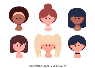 Portraits Girls different Hair, Decorations. Avatar Brown-haired, brunette and blonde. African American Woman, elegant Lady. Afro hairstyle, bob, two ponytails and short haircut. Vector illustration