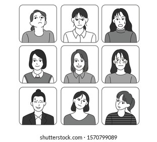 Portraits of girls expressing various emotions on their faces. Black and white monochrome. hand drawn style vector design illustrations. 