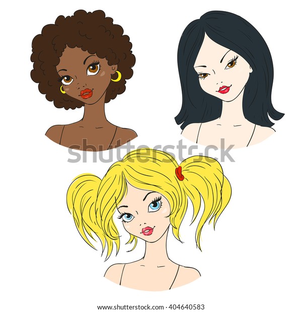 Portraits Girls Hairstyles Blonde Brunette African Stock Vector