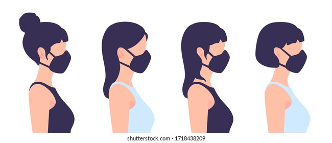 Portraits of girls in protective masks in a profile. Women with various haircuts. Vector cartoon flat illustration set isolated on a white background.