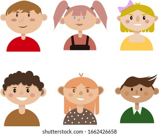 Portraits of a group of children from 6 people on a white background in different clothes, with different hairstyles.