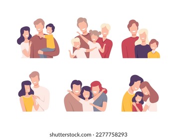 Portraits of happy families set. Smiling mom, dad and kids hugging and having fun together flat vector illustration