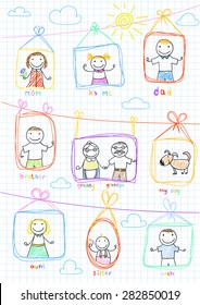 Portraits of happy family. Vector sketch on notebook page