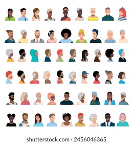 Portraits of happy men and women of different ages and races. Diversity of images and expressions of older and younger people. Big vector set of character faces in flat style on a white background.