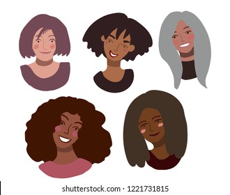 Portraits of happy smiling women of different race together. Minimal style illustration isolated on white. Feminism diversity race equality tolerance concept.