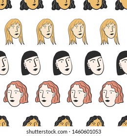 Portraits and heads of women in a seamless repeat pattern.