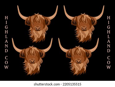 Portraits of Highland cattle, cows. Cute heads of Scottish cattle isolated on black background. Design element for logo, poster, card, banner, emblem, t shirt. Vector illustration.