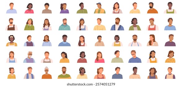 Portraits of individuals without faces. Vector women and men faceless pictures collection. Teenagers, adults and geriatric population of various nationalities. Students, workers and pensioners