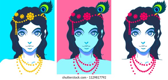 A portraits of Krishna for a holiday Krishna Janmashtami. Vector illustration.