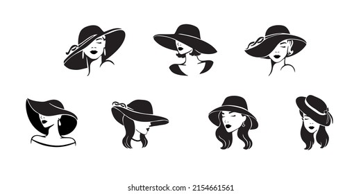 Portraits of ladies with elegant hats on white background. Set of beauty logo design. Vector illustration of beautiful women.