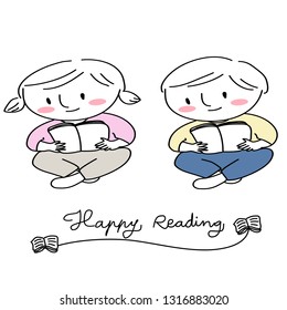 Portraits of little boy and girl sitting legs crossed and reading book happily. Happy reading concept with little kids sitting legs crossed and concentrating on reading books. Hand-drawn Vector.