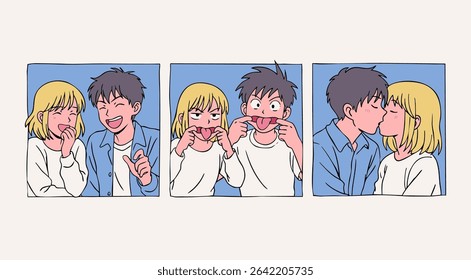 Portraits of lovely young couple kissing, smiling, fooling around. Anime, manga, kawaii asian style. Hand drawn Vector illustration. Love, relationship, Valentine's Day, emotions, dating concept