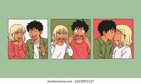 Retratos de um lindo casal jovem se beijando, sorrindo, brincando. Anime, manga, estilo asiático kawaii. Ilustração de vetor desenhada à mão. Amor, relacionamento, Dia dos Namorados, emoções, namoro conceito