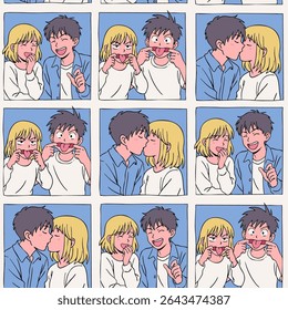 Portraits of lovely young couple kissing, smiling, fooling around. Anime, manga, kawaii asian style. Hand drawn Vector illustration. Love, relationship, emotions, dating concept. Seamless Pattern