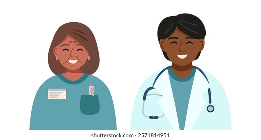 Portraits of male and female doctors. Concept of medicine, healthcare, clinic, assistance. Vector hand drawn cliparts isolated on white.