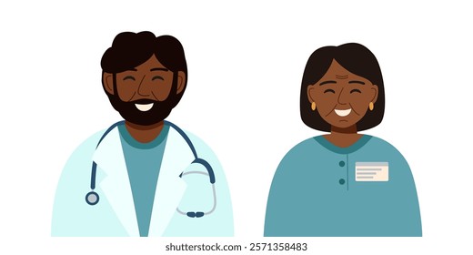 Portraits of male and female doctors isolated on white background. Concept of medicine, healthcare, clinic, assistance. Vector hand drawn illustration.