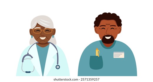 Portraits of male and female elderly doctors isolated on white. Concept of medicine, healthcare, clinic, assistance. Vector hand drawn cliparts.