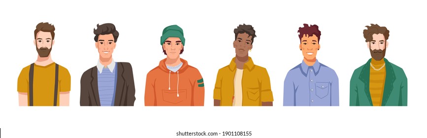 Portraits of male personages, isolated set of men belonging to different cultures, races and nationalities. Fashionable and handsome boys and trendy guys. Cartoon character, vector in flat style