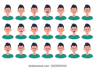 Portraits of man. Boy Avatar. Happy, sad, angry, surprised, pleased, upset, proud faces of men. Male emotions. Facial expression. Happiness, confidence, sadness, anger, surprise. Vector character.