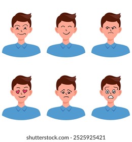 Portraits of man. Boy Avatar. Happy, sad, angry, surprised, pleased, upset, proud faces of men. Male emotions. Facial expression. Happiness, confidence, sadness, anger, surprise. Vector character.