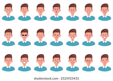 Portraits of man. Boy Avatar. Happy, sad, angry, surprised, pleased, upset, proud faces of men. Male emotions. Facial expression. Happiness, confidence, sadness, anger, surprise. Vector character.