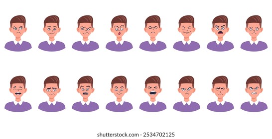 Portraits of man. Boy Avatar. Happy, sad, angry, surprised, pleased, upset, proud faces of men. Male emotions. Facial expression. Happiness, confidence, sadness, anger, surprise. Vector character.