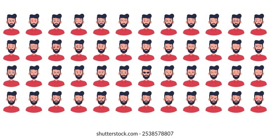 Portraits of man. Boy Avatar. Happy, sad, angry, surprised, pleased, upset, proud faces of men. Male emotions. Facial expression. Happiness, confidence, sadness, anger, surprise. Vector character.