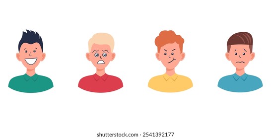 Portraits of man. Boy Avatar. Happy, sad, angry, surprised, pleased, upset, proud faces of men. Male emotions. Facial expression. Happiness, confidence, sadness, anger, surprise. Vector character.