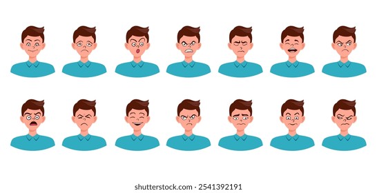 Portraits of man. Boy Avatar. Happy, sad, angry, surprised, pleased, upset, proud faces of men. Male emotions. Facial expression. Happiness, confidence, sadness, anger, surprise. Vector character.