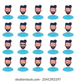 Portraits of man. Boy Avatar. Happy, sad, angry, surprised, pleased, upset, proud faces of men. Male emotions. Facial expression. Happiness, confidence, sadness, anger, surprise. Vector character.