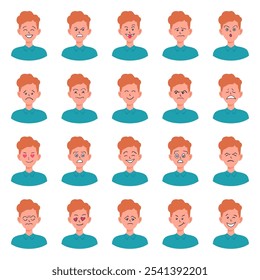 Portraits of man. Boy Avatar. Happy, sad, angry, surprised, pleased, upset, proud faces of men. Male emotions. Facial expression. Happiness, confidence, sadness, anger, surprise. Vector character.