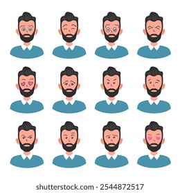 Portraits of man. Boy Avatar. Happy, sad, angry, surprised, pleased, upset, proud faces of men. Male emotions. Facial expression. Happiness, confidence, sadness, anger, surprise. Vector character.