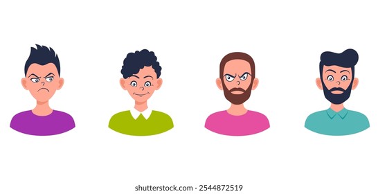 Portraits of man. Boy Avatar. Happy, sad, angry, surprised, pleased, upset, proud faces of men. Male emotions. Facial expression. Happiness, confidence, sadness, anger, surprise. Vector character.