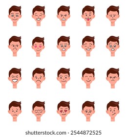 Portraits of man. Boy Avatar. Happy, sad, angry, surprised, pleased, upset, proud faces of men. Male emotions. Facial expression. Happiness, confidence, sadness, anger, surprise. Vector character.