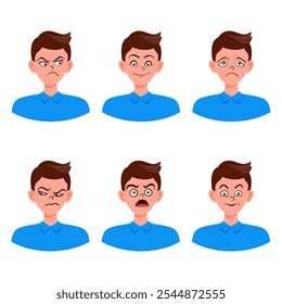 Portraits of man. Boy Avatar. Happy, sad, angry, surprised, pleased, upset, proud faces of men. Male emotions. Facial expression. Happiness, confidence, sadness, anger, surprise. Vector character.