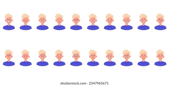 Portraits of man. Boy Avatar. Happy, sad, angry, surprised, pleased, upset, proud faces of men. Male emotions. Facial expression. Happiness, confidence, sadness, anger, surprise. Vector character.