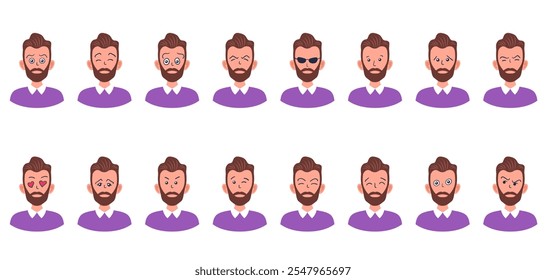 Portraits of man. Boy Avatar. Happy, sad, angry, surprised, pleased, upset, proud faces of men. Male emotions. Facial expression. Happiness, confidence, sadness, anger, surprise. Vector character.