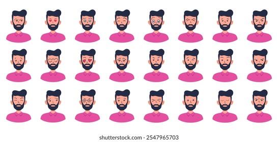 Portraits of man. Boy Avatar. Happy, sad, angry, surprised, pleased, upset, proud faces of men. Male emotions. Facial expression. Happiness, confidence, sadness, anger, surprise. Vector character.