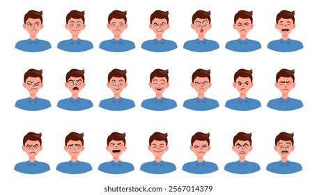 Portraits of man. Boy Avatar. Happy, sad, angry, surprised, pleased, upset, proud faces of men. Male emotions. Facial expression. Happiness, confidence, sadness, anger, surprise. Vector character.