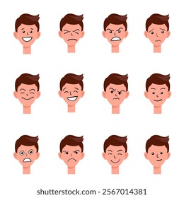 Portraits of man. Boy Avatar. Happy, sad, angry, surprised, pleased, upset, proud faces of men. Male emotions. Facial expression. Happiness, confidence, sadness, anger, surprise. Vector character.