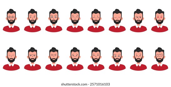 Portraits of man. Boy Avatar. Happy, sad, angry, surprised, pleased, upset, proud faces of men. Male emotions. Facial expression. Happiness, confidence, sadness, anger, surprise. Vector character.