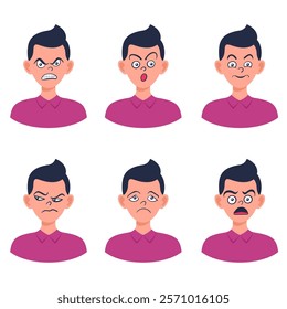 Portraits of man. Boy Avatar. Happy, sad, angry, surprised, pleased, upset, proud faces of men. Male emotions. Facial expression. Happiness, confidence, sadness, anger, surprise. Vector character.