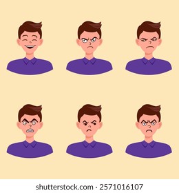 Portraits of man. Boy Avatar. Happy, sad, angry, surprised, pleased, upset, proud faces of men. Male emotions. Facial expression. Happiness, confidence, sadness, anger, surprise. Vector character.