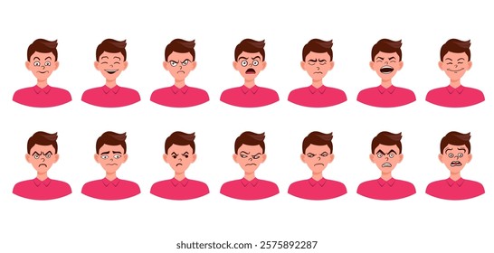 Portraits of man. Boy Avatar. Happy, sad, angry, surprised, pleased, upset, proud faces of men. Male emotions. Facial expression. Happiness, confidence, sadness, anger, surprise. Vector character.