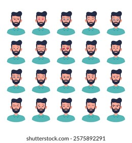 Portraits of man. Boy Avatar. Happy, sad, angry, surprised, pleased, upset, proud faces of men. Male emotions. Facial expression. Happiness, confidence, sadness, anger, surprise. Vector character.