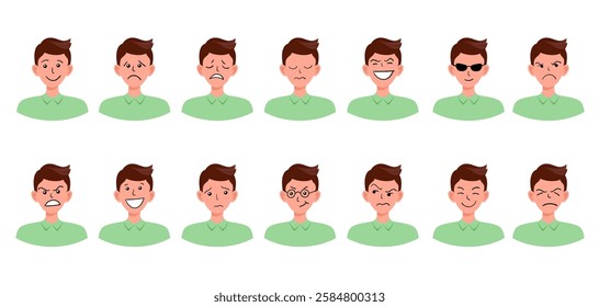 Portraits of man. Boy Avatar. Happy, sad, angry, surprised, pleased, upset, proud faces of men. Male emotions. Facial expression. Happiness, confidence, sadness, anger, surprise. Vector character.