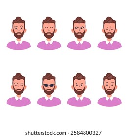 Portraits of man. Boy Avatar. Happy, sad, angry, surprised, pleased, upset, proud faces of men. Male emotions. Facial expression. Happiness, confidence, sadness, anger, surprise. Vector character.