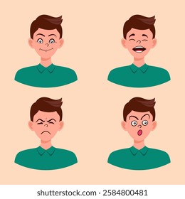 Portraits of man. Boy Avatar. Happy, sad, angry, surprised, pleased, upset, proud faces of men. Male emotions. Facial expression. Happiness, confidence, sadness, anger, surprise. Vector character.