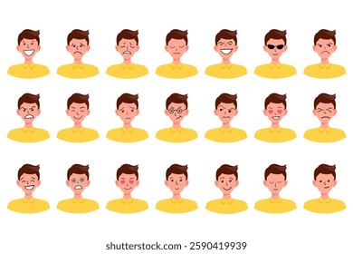 Portraits of man. Boy Avatar. Happy, sad, angry, surprised, pleased, upset, proud faces of men. Male emotions. Facial expression. Happiness, confidence, sadness, anger, surprise. Vector character.